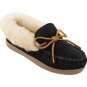 Minnetonka Alpine Slipper Women's Black Suede Sheepskin Slip On Moccasin JOBB394 Quick Slip