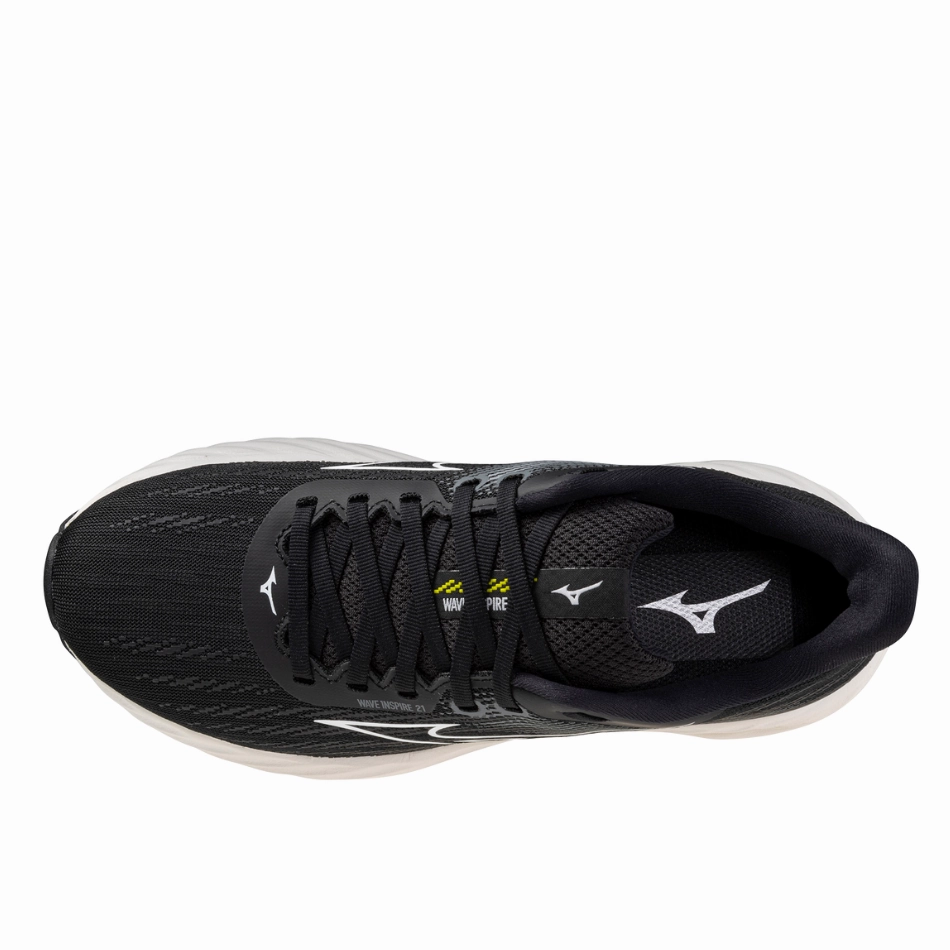 Mizuno Men's Wave Inspire 21 Running Shoes in Black/White/Vibrant Yellow AW25 PaddedCollar 5K runs