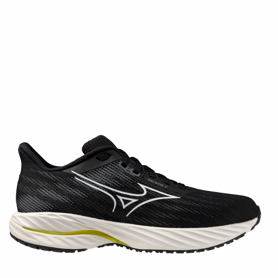 Mizuno Men's Wave Inspire 21 Running Shoes in Black/White/Vibrant Yellow AW25 running in a small town shoes