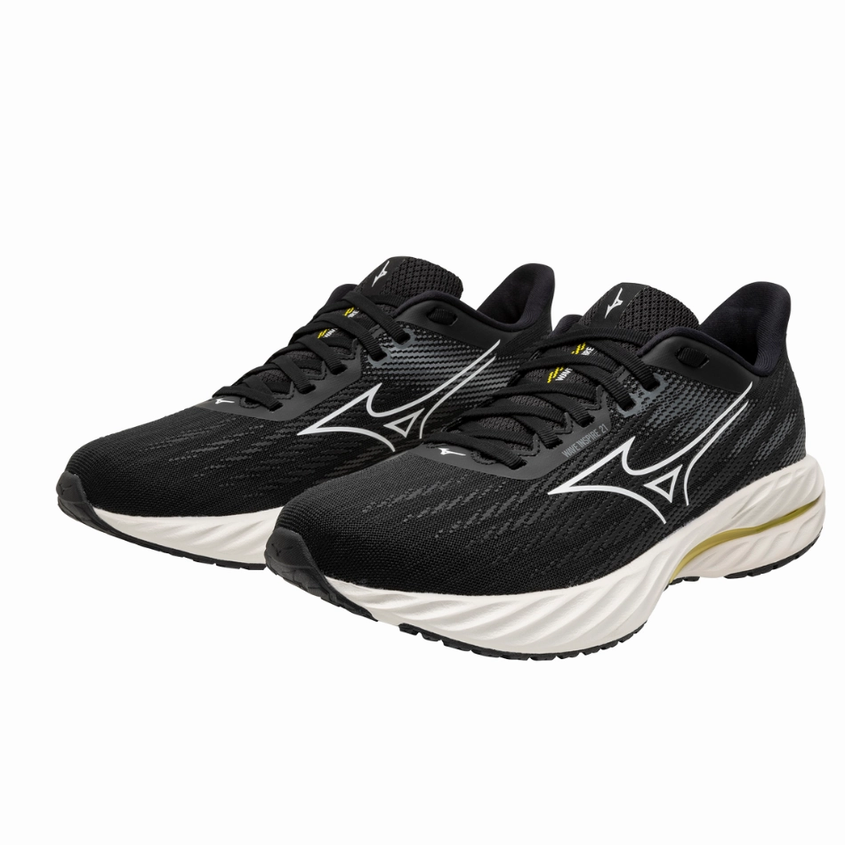 Shear Reduction Technology triangular - design shoes Mizuno Men's Wave Inspire 21 Running Shoes in Black/White/Vibrant Yellow AW25