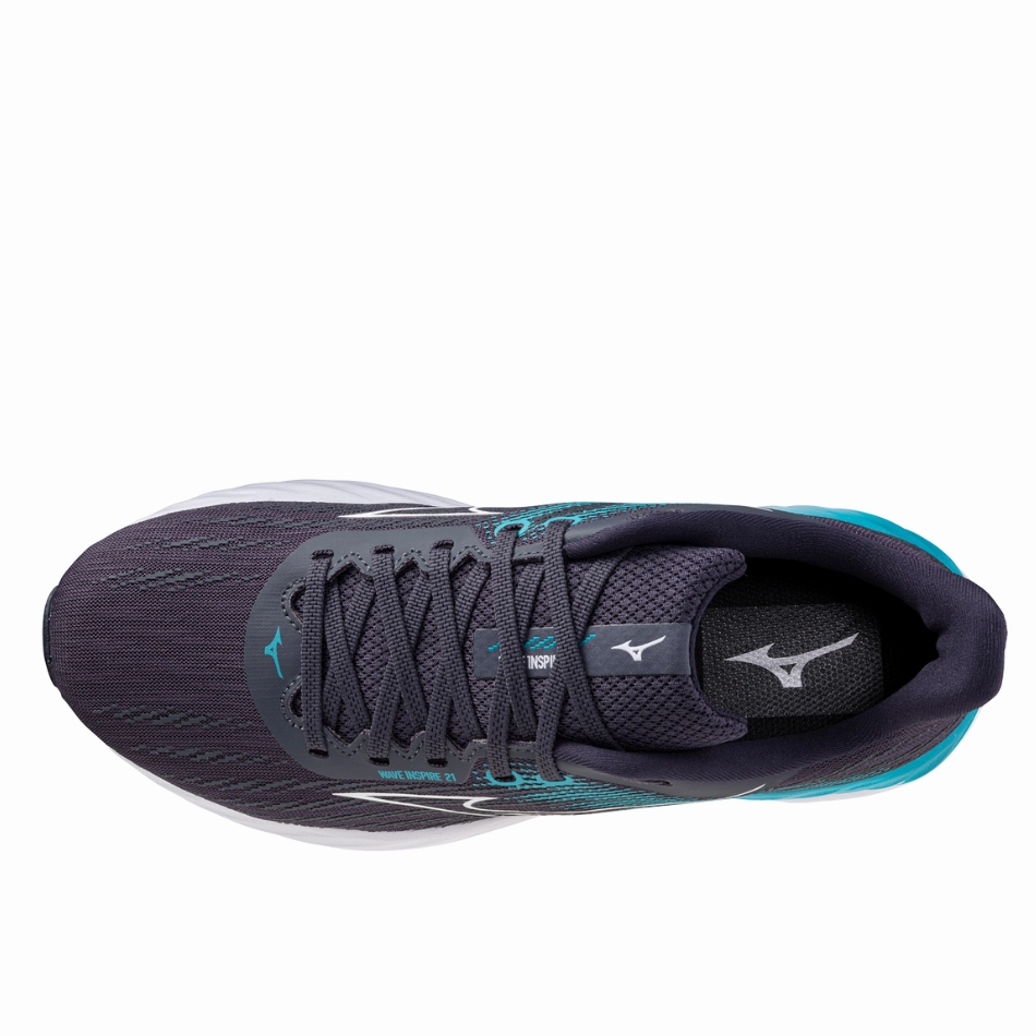 Mizuno Men's Wave Inspire 21 Running Shoes in Odyssey Gray/White/Capri Breeze AW25 Elastic Band