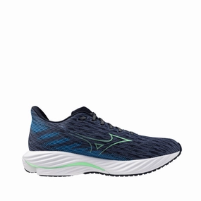Comfort - Focused Mizuno Men's Wave Rider 28 Running Shoes in Vintage Indigo/Neo Mint/Frontier Blue SS25