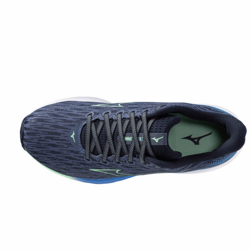 Mizuno Men's Wave Rider 28 Running Shoes in Vintage Indigo/Neo Mint/Frontier Blue SS25 ribbon - trimmed - design shoes windy