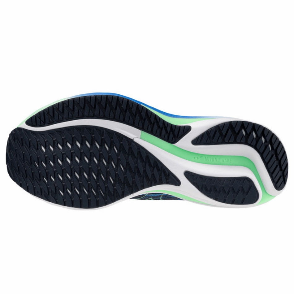 Flexible Midsole Construction Mizuno Men's Wave Rider 28 Running Shoes in Vintage Indigo/Neo Mint/Frontier Blue SS25