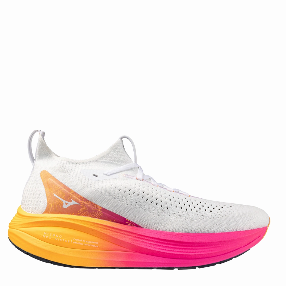 Mizuno Unisex Neo Vista 2 Running Shoes in White/White/Pink Tetra AW25 Pressure Redistribution Design