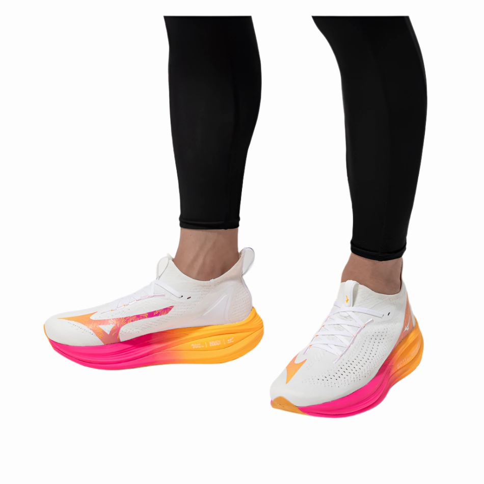 adult shoes Mizuno Unisex Neo Vista 2 Running Shoes in White/White/Pink Tetra AW25