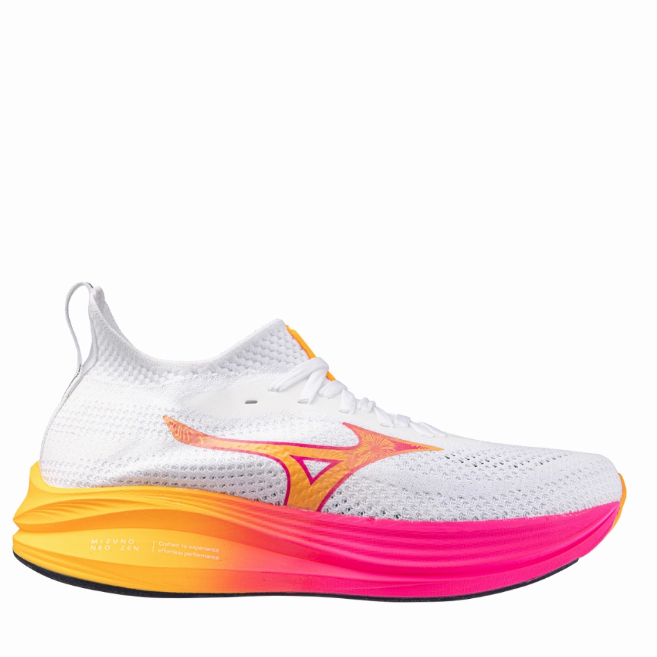 Mizuno Unisex Neo Zen Running Shoes in White/Tang Orange/Pink Tetra AW25 Soft Roll Technology