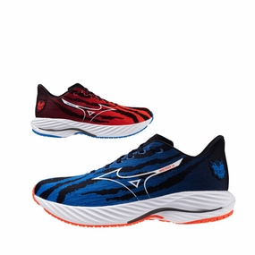 Mizuno Unisex Wave Rider 28 Running Shoes in Oni Demon Mizuno Ignition Red/White/Baseball Blue SS25 Slip On Design Dynamic Heel Cup