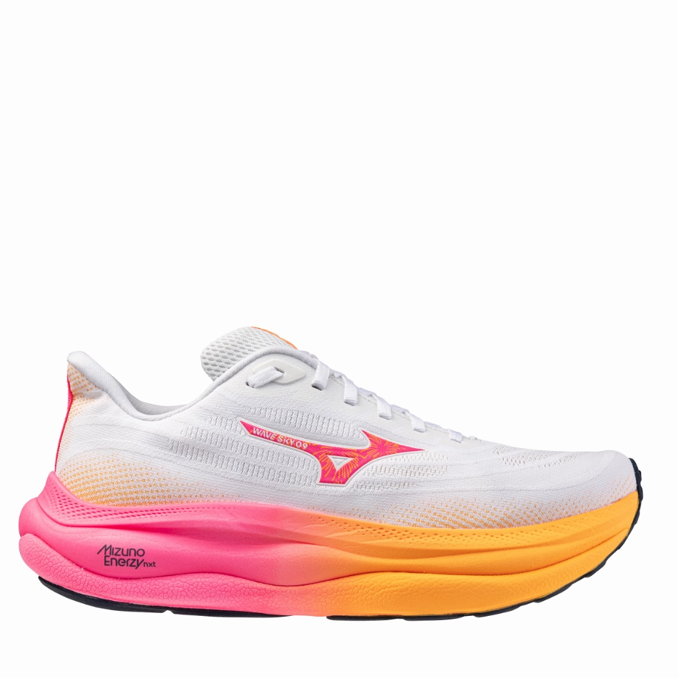 Mizuno Unisex Wave Sky 9 Running Shoes in White/Tang Orange/Pink Tetra AW25 Impact Resistant Sole purple shoes