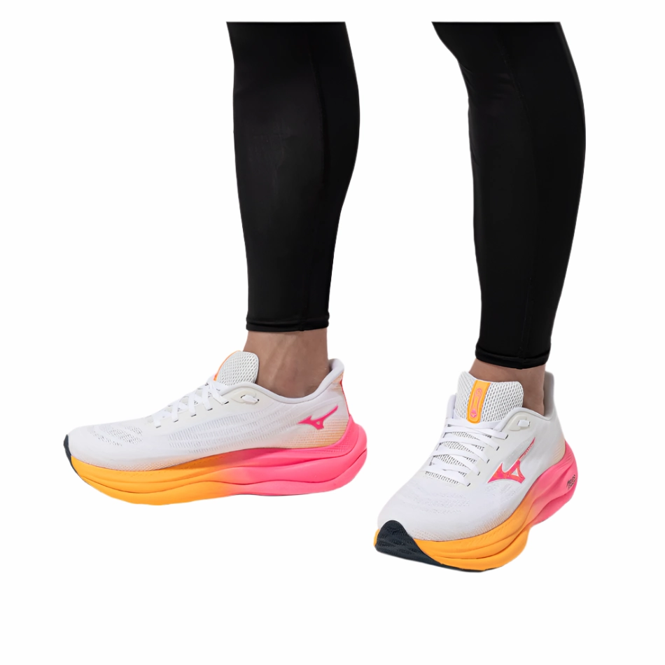 Mizuno Unisex Wave Sky 9 Running Shoes in White/Tang Orange/Pink Tetra AW25 Customizable Fit Technology