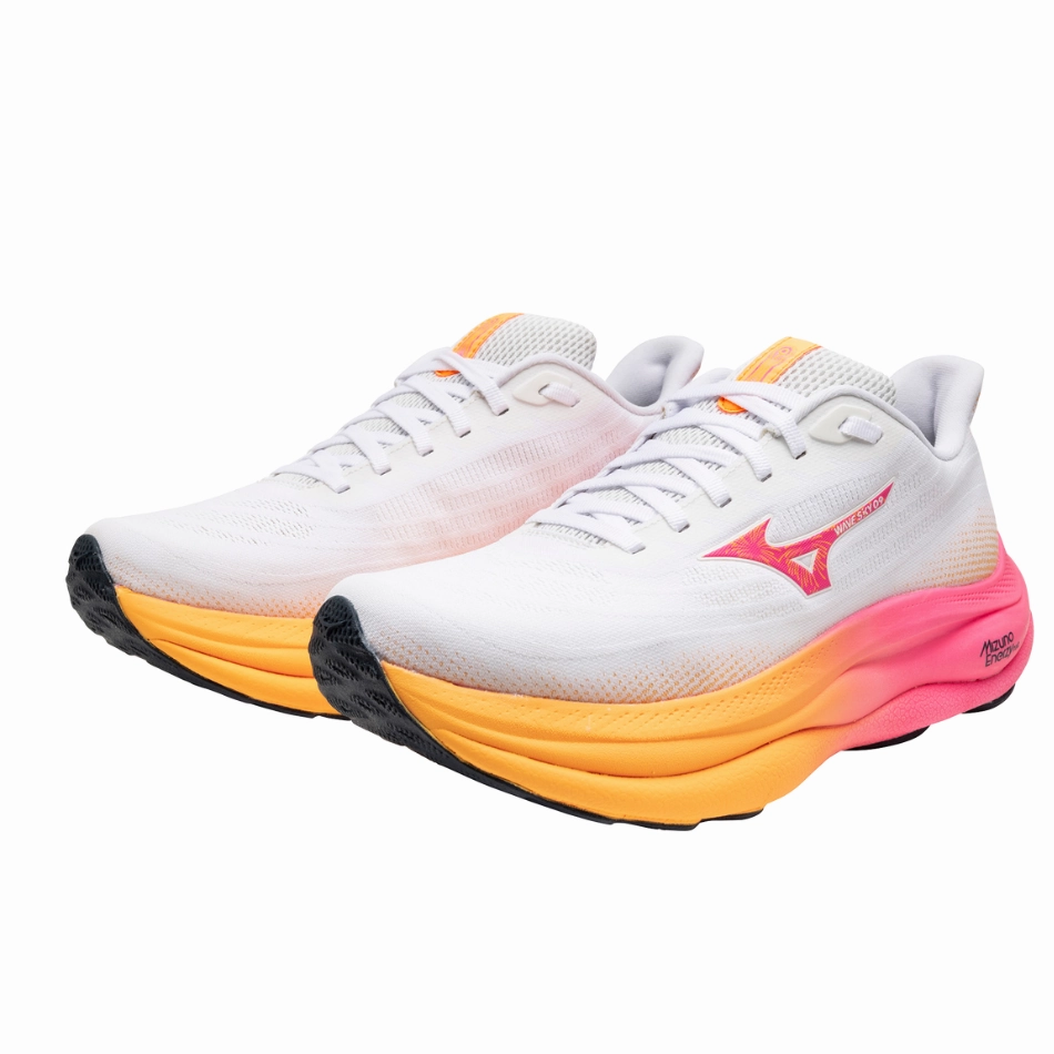 QuickDry jogging footwear Mizuno Unisex Wave Sky 9 Running Shoes in White/Tang Orange/Pink Tetra AW25