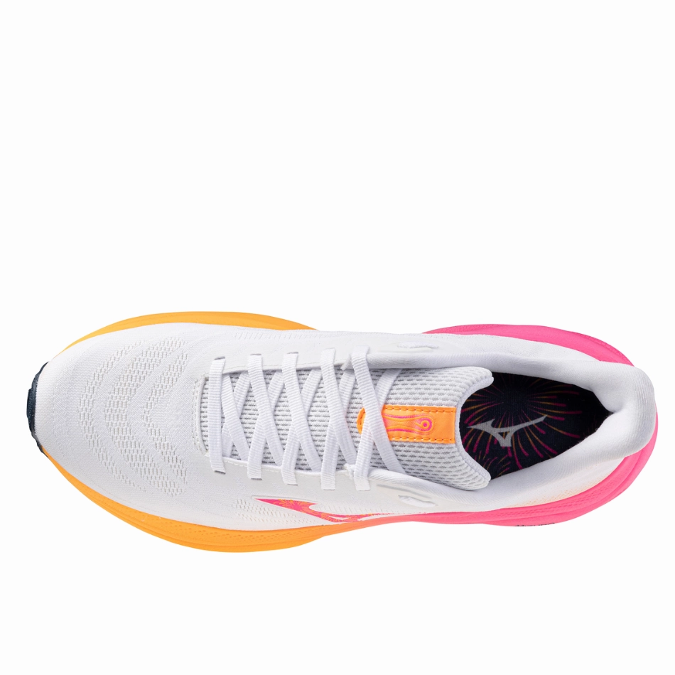 Easy - to - Clean Mizuno Unisex Wave Sky 9 Running Shoes in White/Tang Orange/Pink Tetra AW25