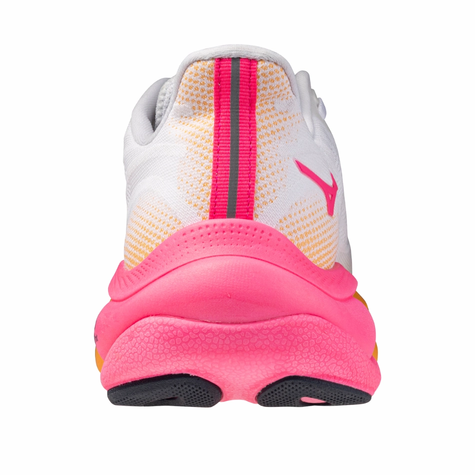 Mizuno Unisex Wave Sky 9 Running Shoes in White/Tang Orange/Pink Tetra AW25 Tensile Weave Structure gym - ready