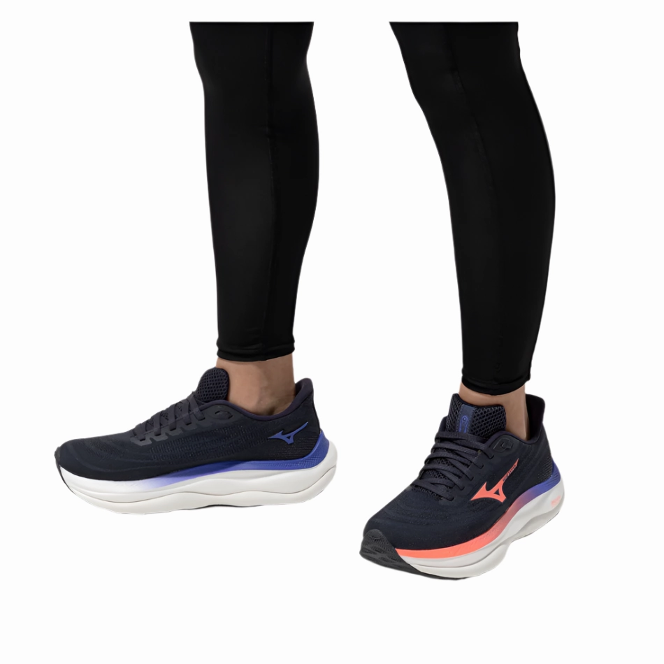 Power Shoes Mizuno Women's Wave Sky 9 Running Shoes in Odyssey Gray/Striking Coral/Iris Bloom AW25