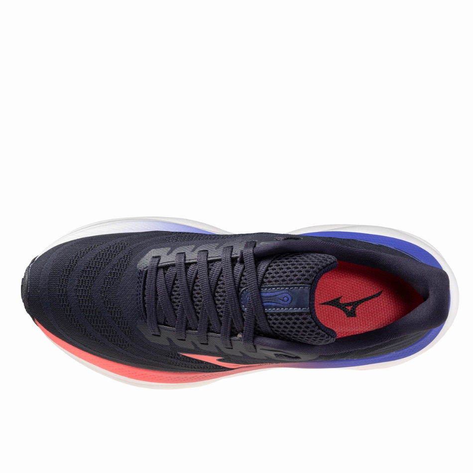 Mizuno Women's Wave Sky 9 Running Shoes in Odyssey Gray/Striking Coral/Iris Bloom AW25 desert shoes Tire Tread Inspiration