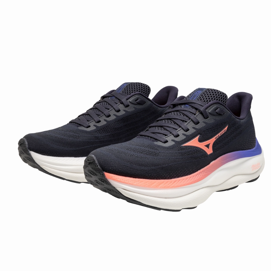 synthetic - lining shoes Mizuno Women's Wave Sky 9 Running Shoes in Odyssey Gray/Striking Coral/Iris Bloom AW25