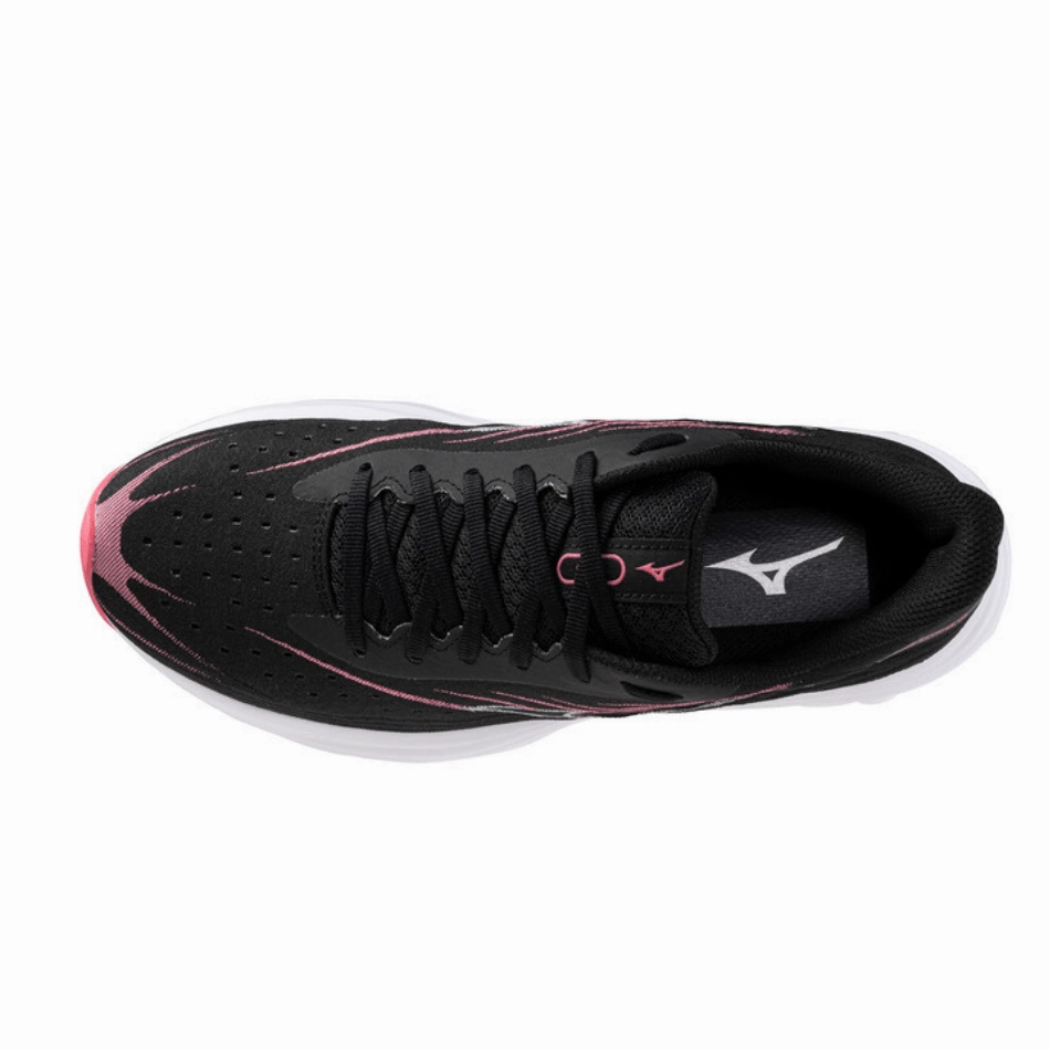 Mizuno Women's Wave Skyrise 6 Running Shoes in Black/Camellia Rose SS25 Stable Heel Counter running in an iconic bridge area shoes