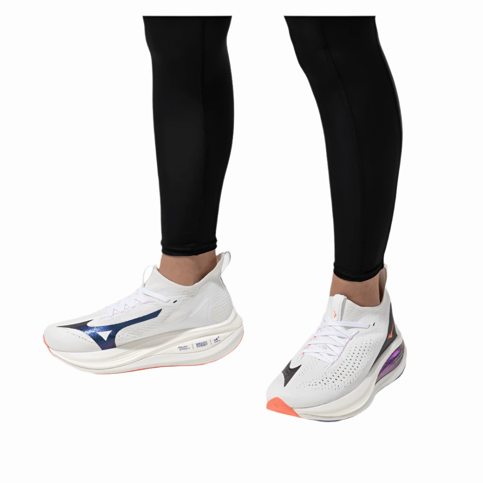 running with a rubber outsole Mizuno Women's Neo Vista 2 Running Shoes in White/Striking Coral/Iris Bloom AW25