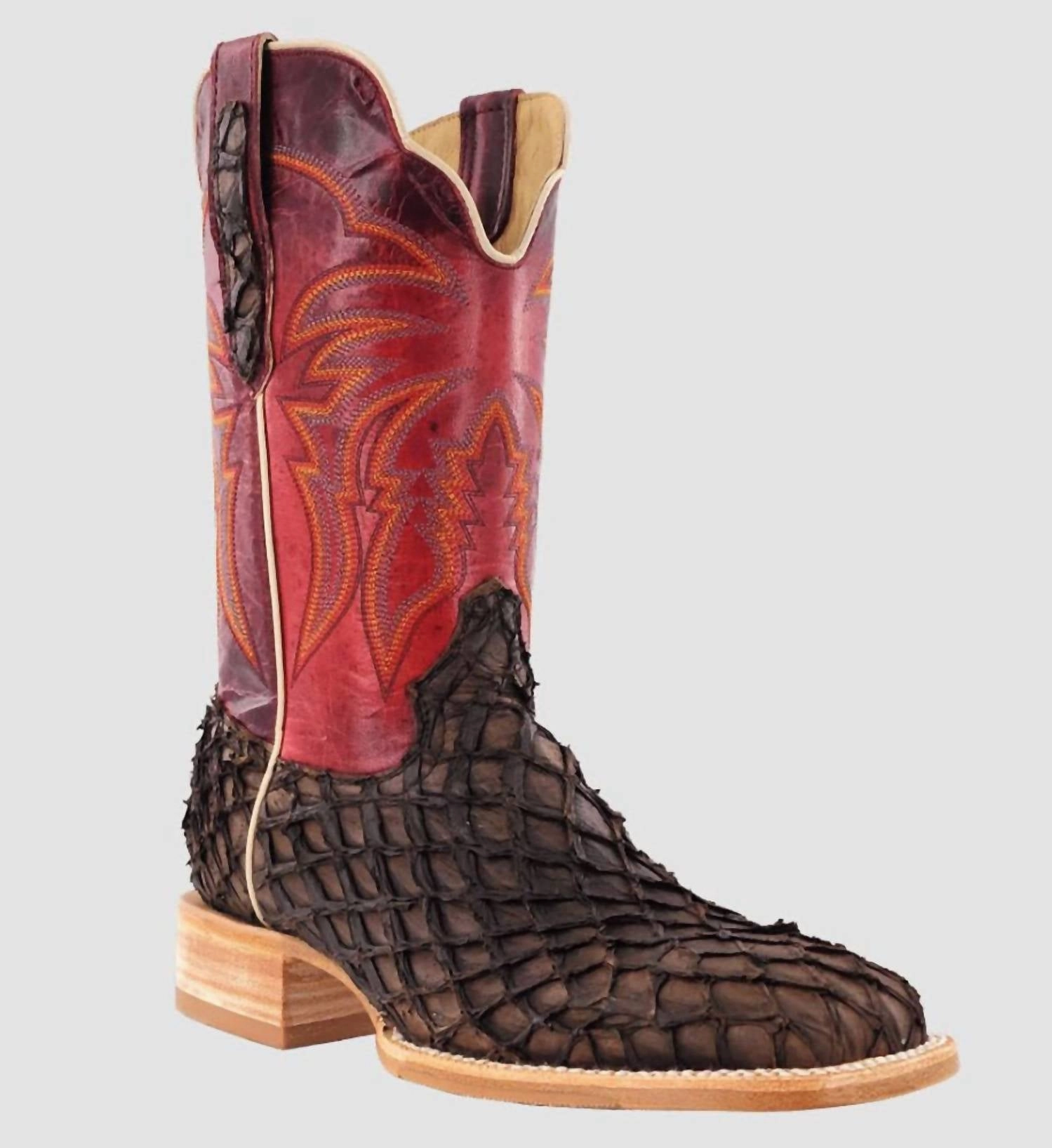 Good elasticity Winter Protection Men's Pirarucu Fish Exotic Boots In Chocolate/red