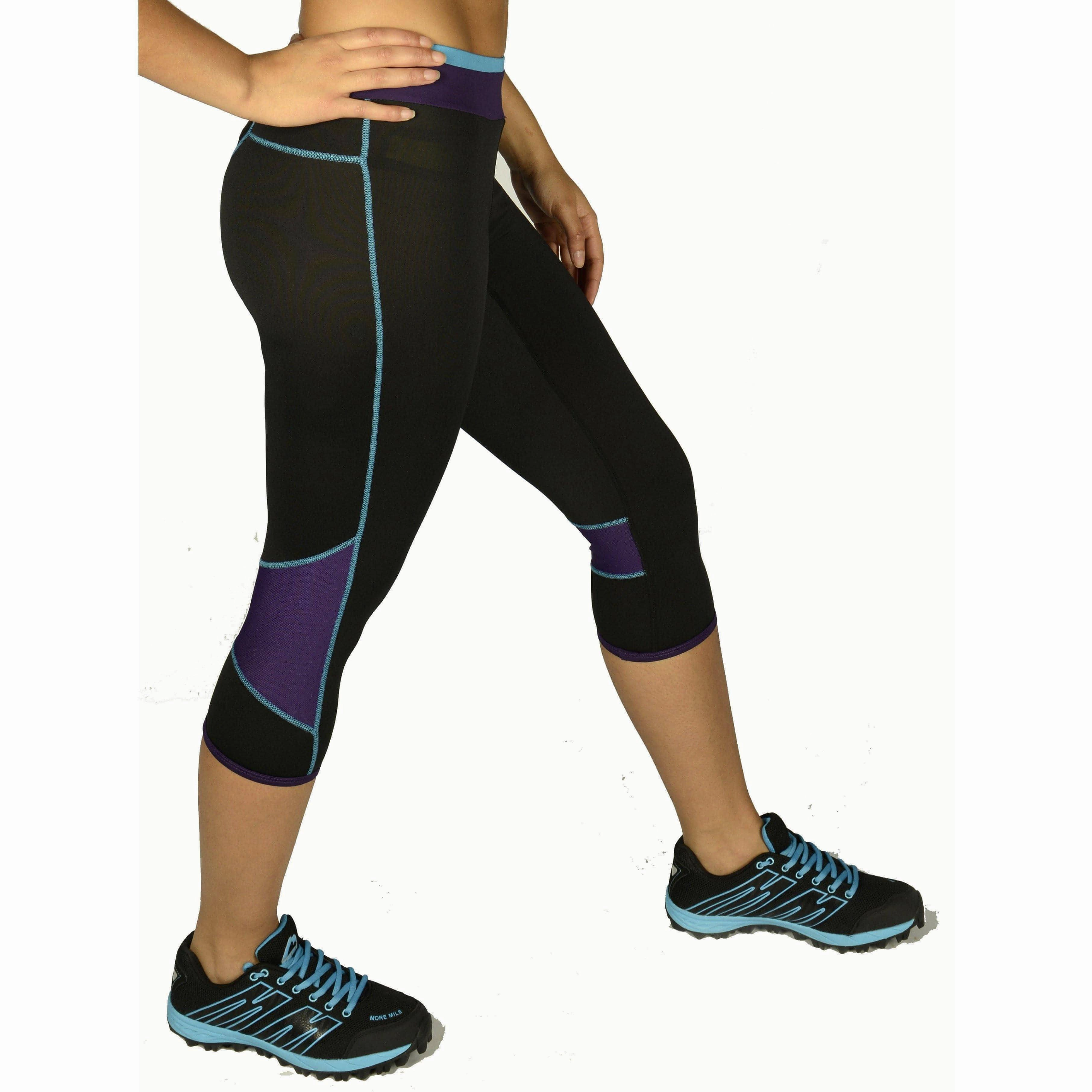 More Mile Prime Womens 3/4 Capri Running Tights - Black Cross Waist Design