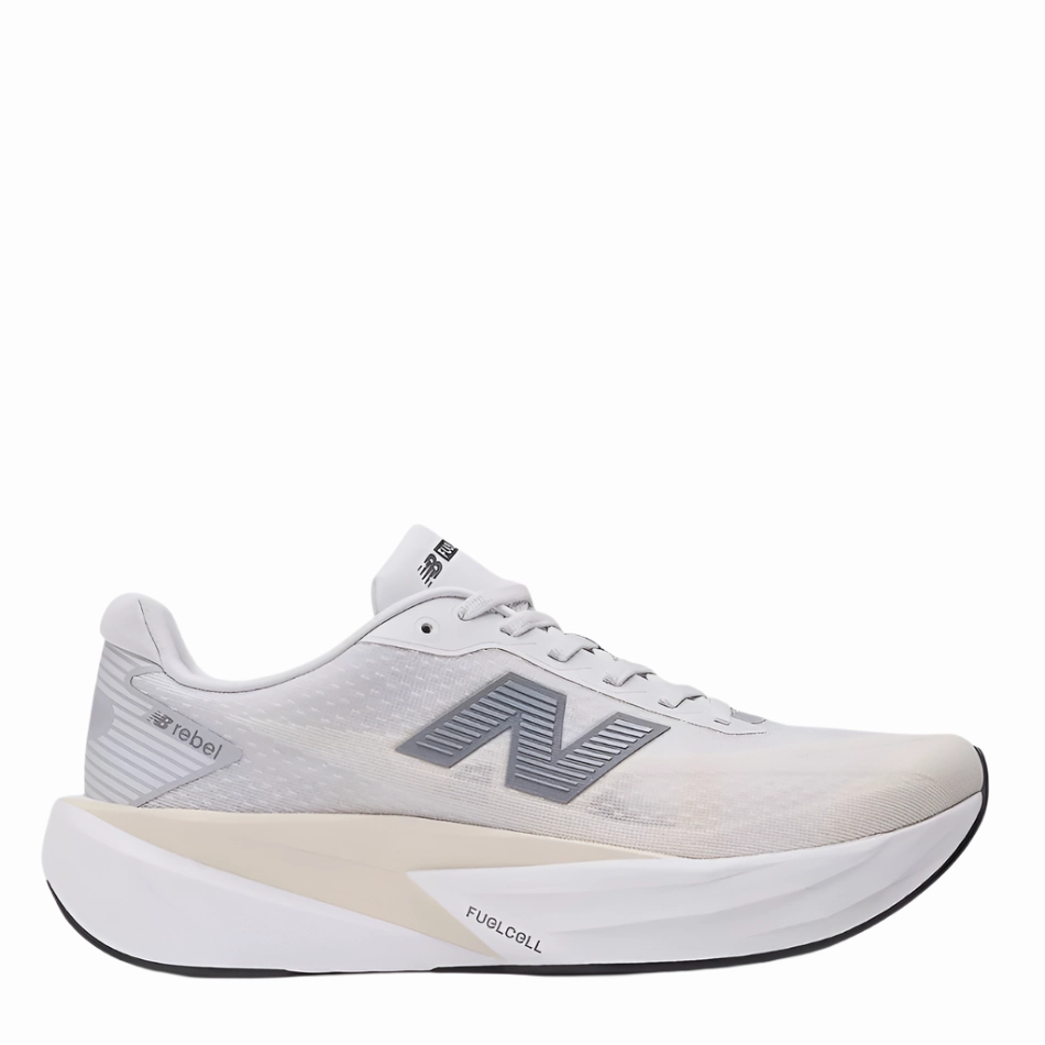 New Balance Men's Fuelcell Rebel v5 Running Shoes in Grey Matter/Linen/White AW25 Padded Heel Counter