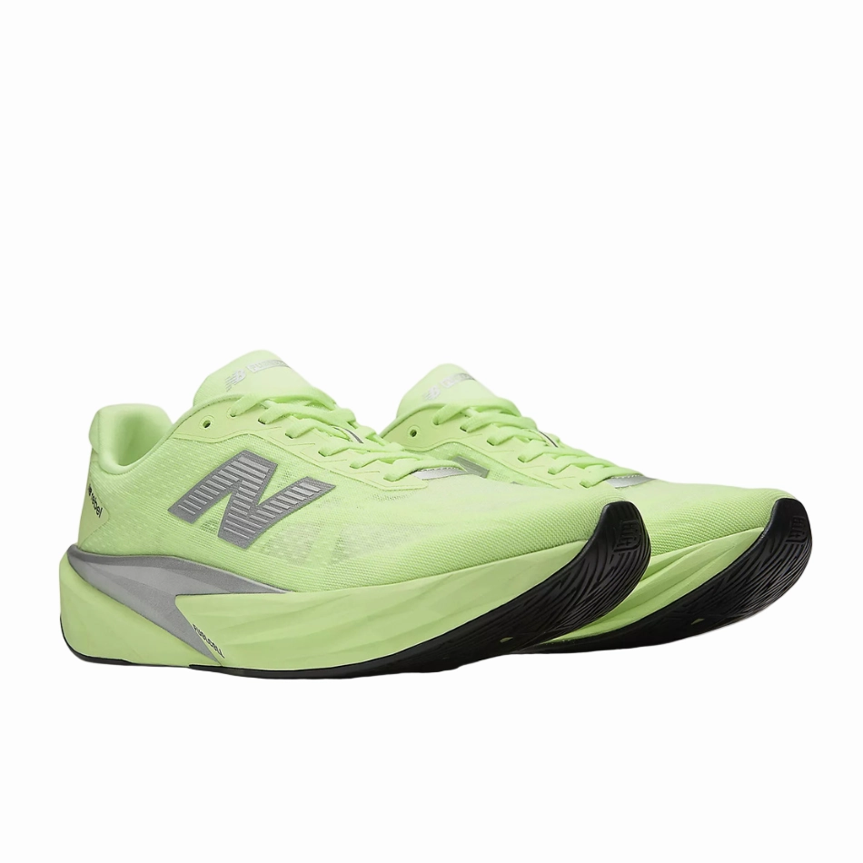 thick sole shoes ergonomic - design - efficiency shoes New Balance Men's Fuelcell Rebel v5 Running Shoes in Mint Flash/Lab Green/Silver Metallic AW25