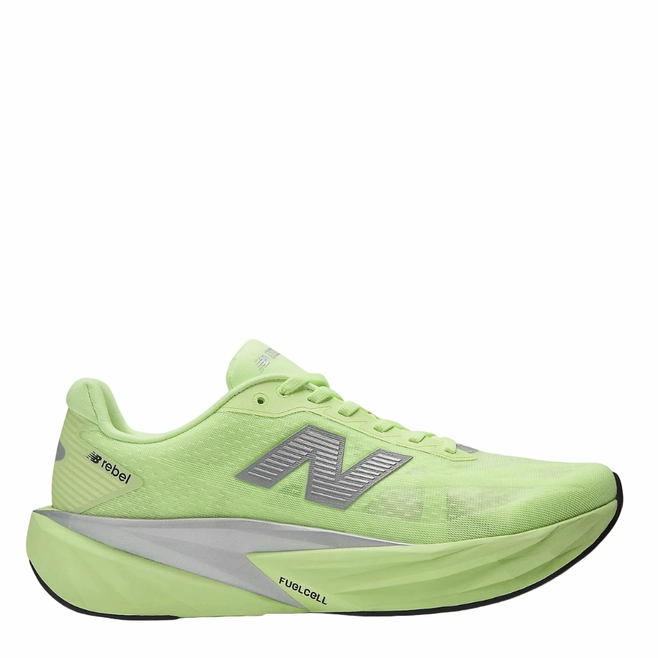 running with a hat New Balance Men's Fuelcell Rebel v5 Running Shoes in Mint Flash/Lab Green/Silver Metallic AW25