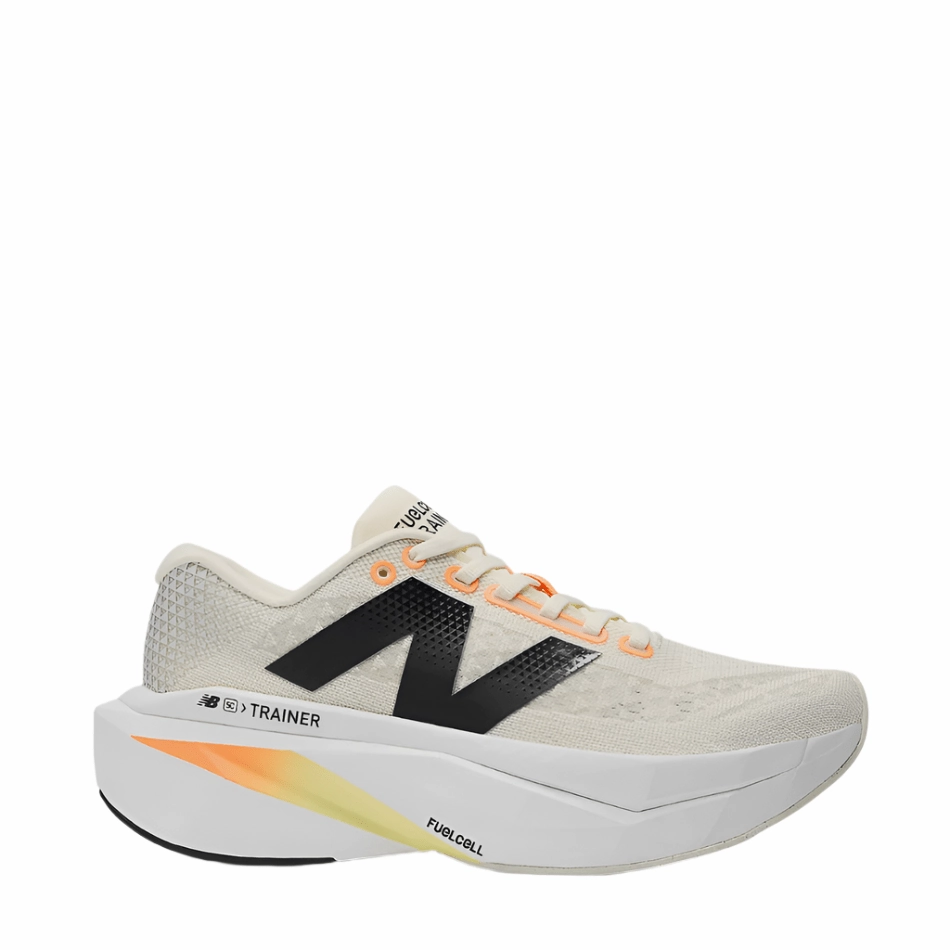 New Balance Men's FuelCell SuperComp Trainer V3 Running Shoes in Angora with Hot Mango and Black SS25 Stretchy Bonded Reinforcements