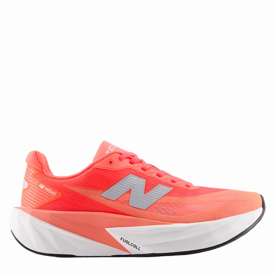 New Balance Women's Fuelcell Rebel V5 Running Shoes in Urgent Red/White/Silver Metallic AW25 Traction Grooves