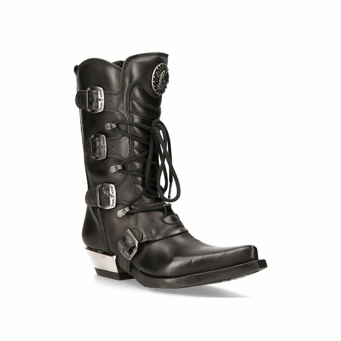 New Rock Black Leather Cowboy Buckle Boots- M-7993-S1 Thick Grip High Shaft