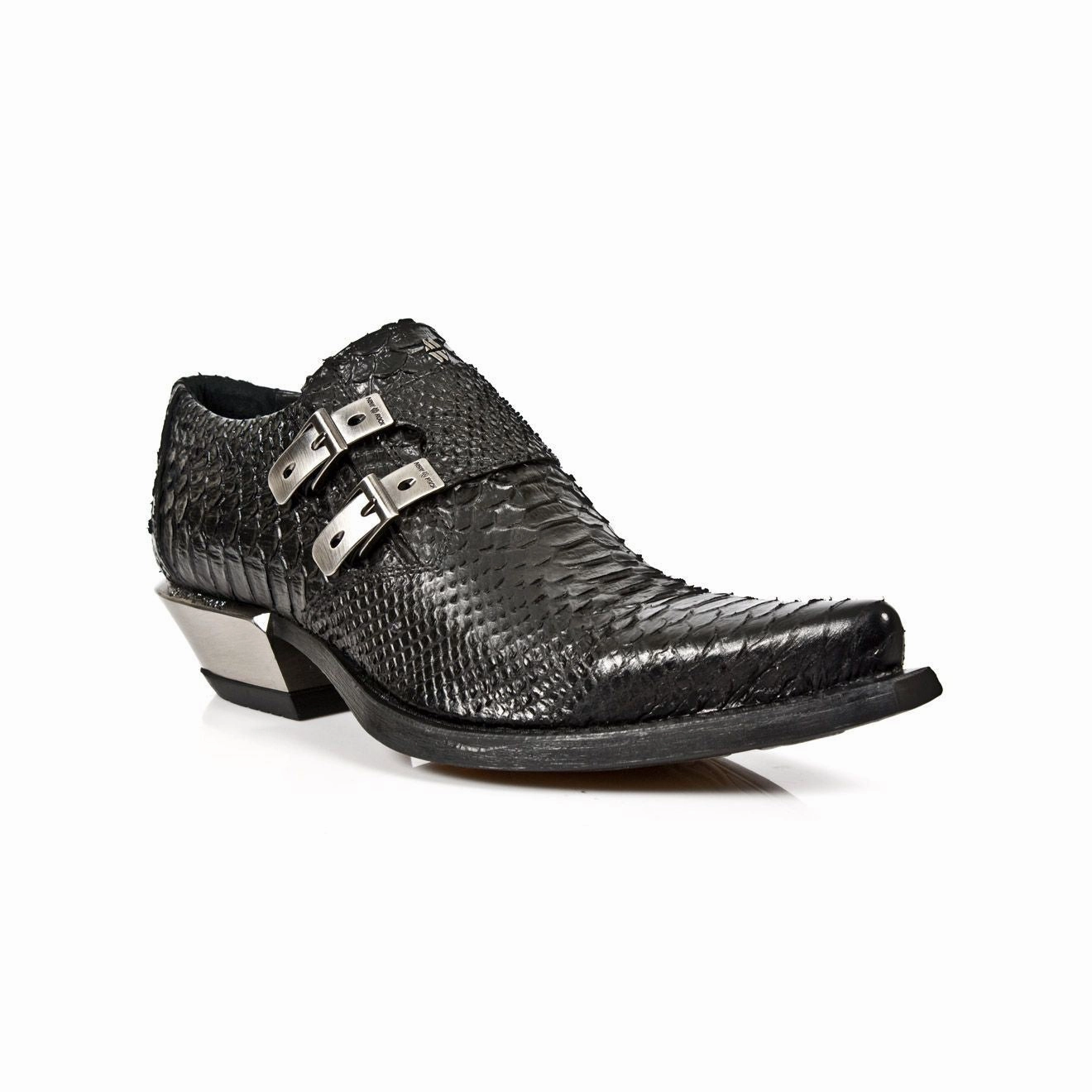 New Rock Embossed Python Black Leather Buckled Shoes-7934-S2 MachineWashable Timeless Design