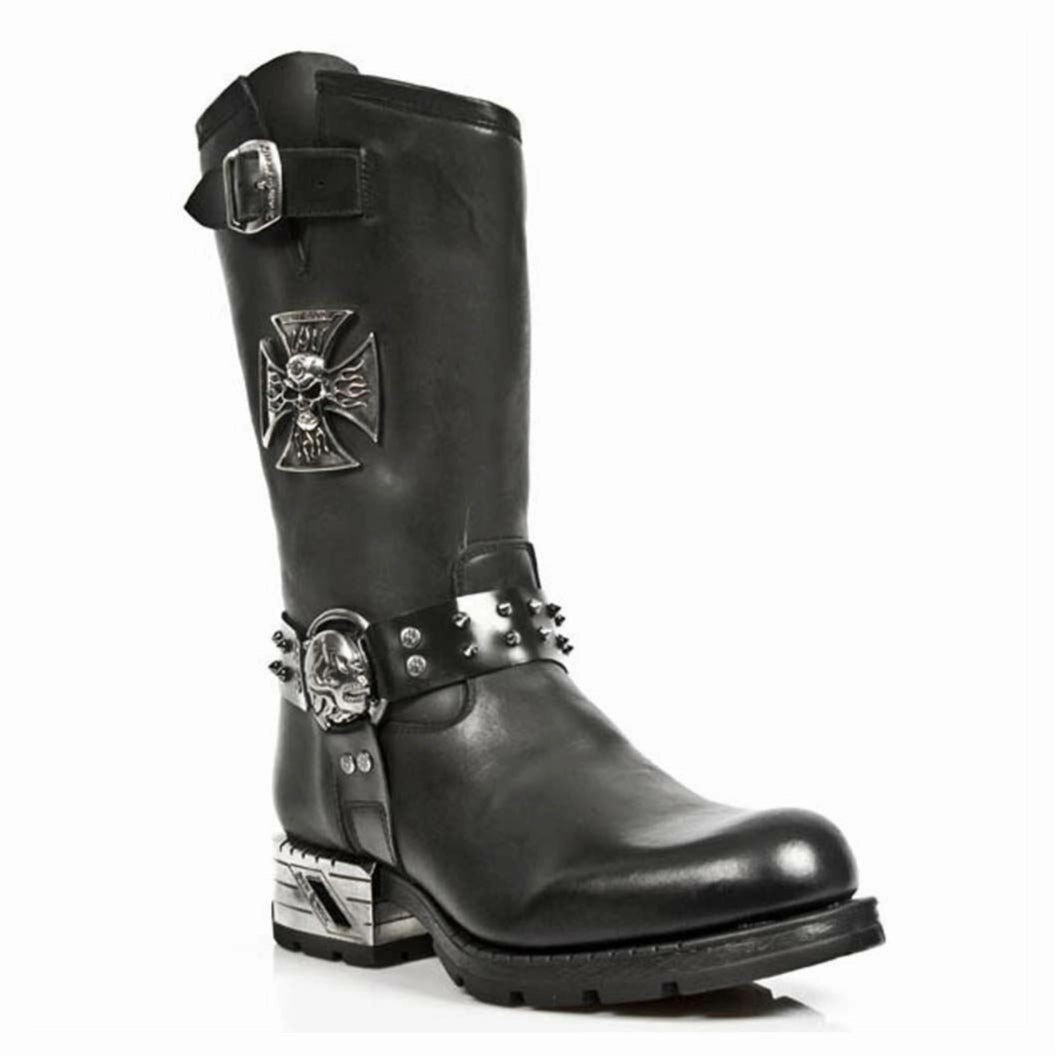 New Rock Men's Black Leather Gothic Cowboy Boots- MR030-S1 Mud Resistant Backcountry Camper Tight Fit