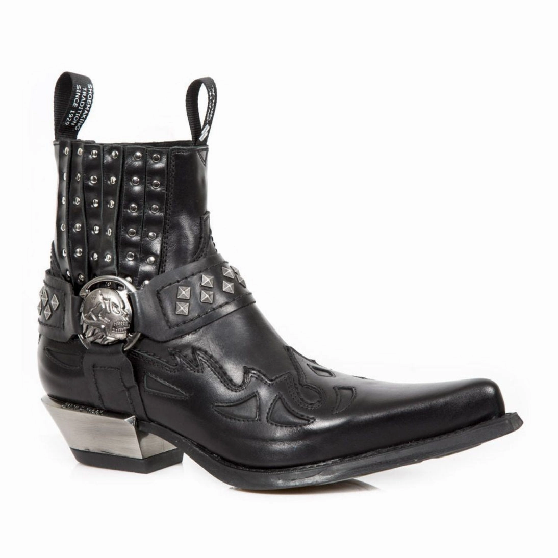 New Rock Studded Black Leather Western Biker Boots-7950-S1 removable insoles