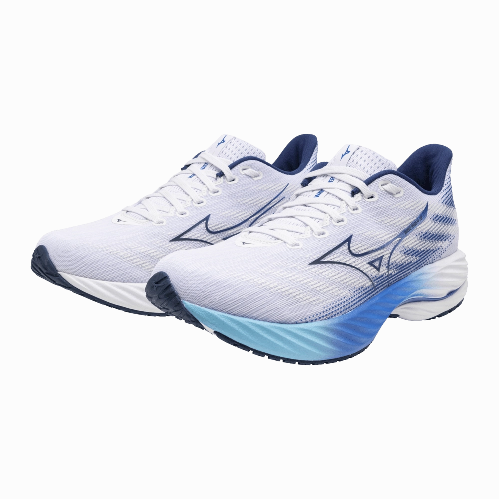 wide-fit shoes Mizuno Women's Wave Rider 28 Running Shoes in White/Mugen Blue/River Blue AW24