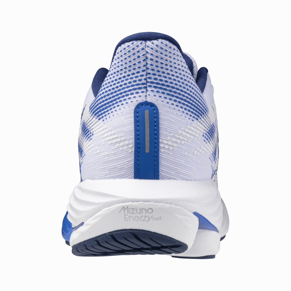 Glossy - finish Mizuno Women's Wave Rider 28 Running Shoes in White/Mugen Blue/River Blue AW24