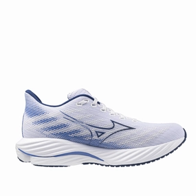 Mizuno Women's Wave Rider 28 Running Shoes in White/Mugen Blue/River Blue AW24 running in local races shoes