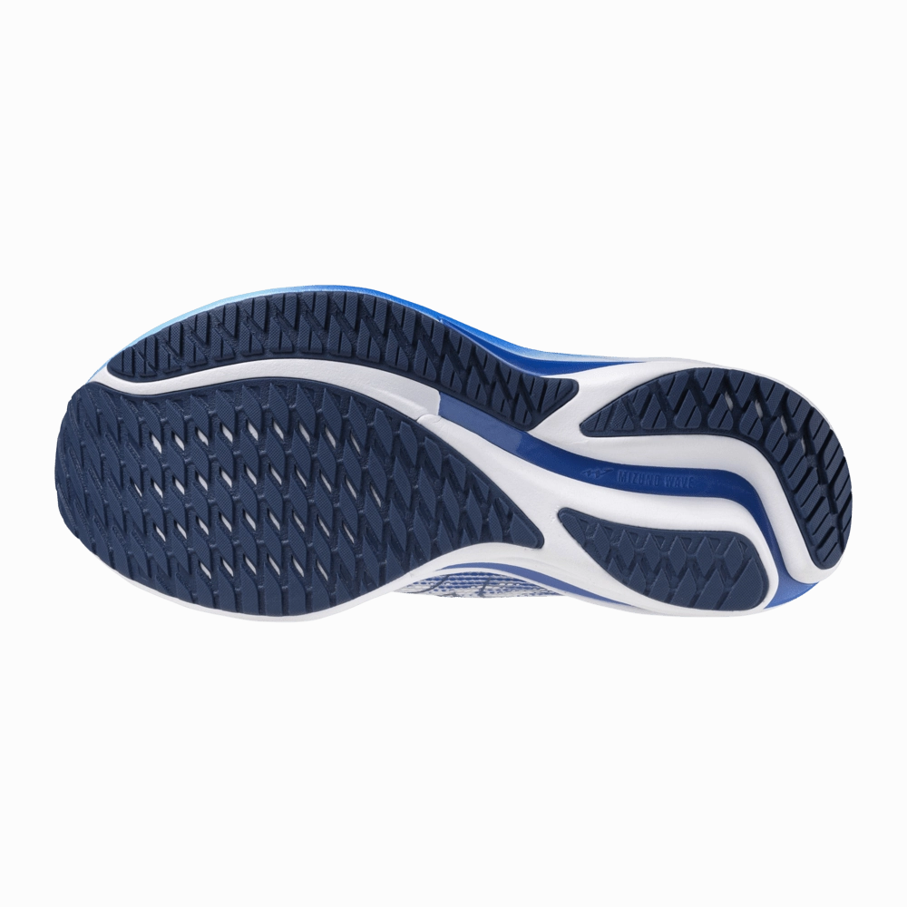 Mizuno Women's Wave Rider 28 Running Shoes in White/Mugen Blue/River Blue AW24 running in forest