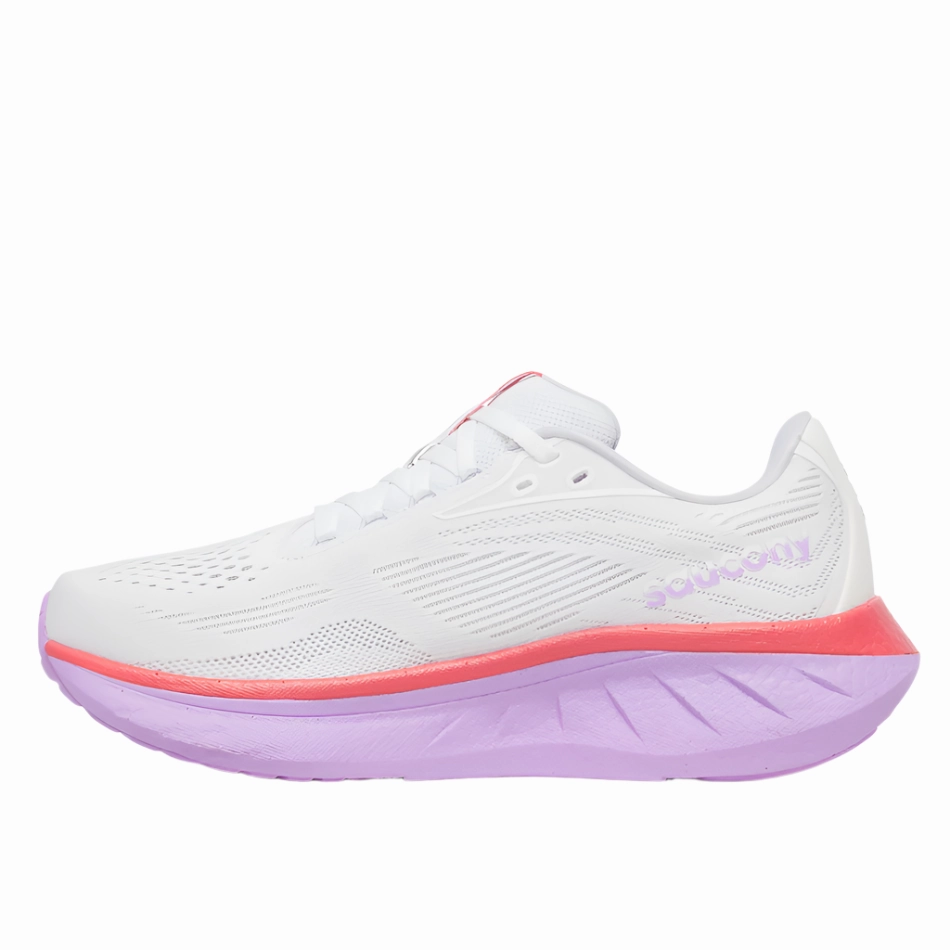 Saucony Women's Ride 18 Running Shoes in White/Coral - Online Exclusive Pressure Dispersion Grid