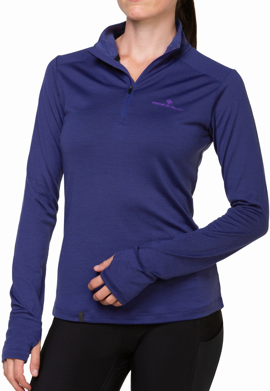 Ronhill Tech Merino Half Zip Long Sleeve Womens Running Top - Blue Hemmed Layer