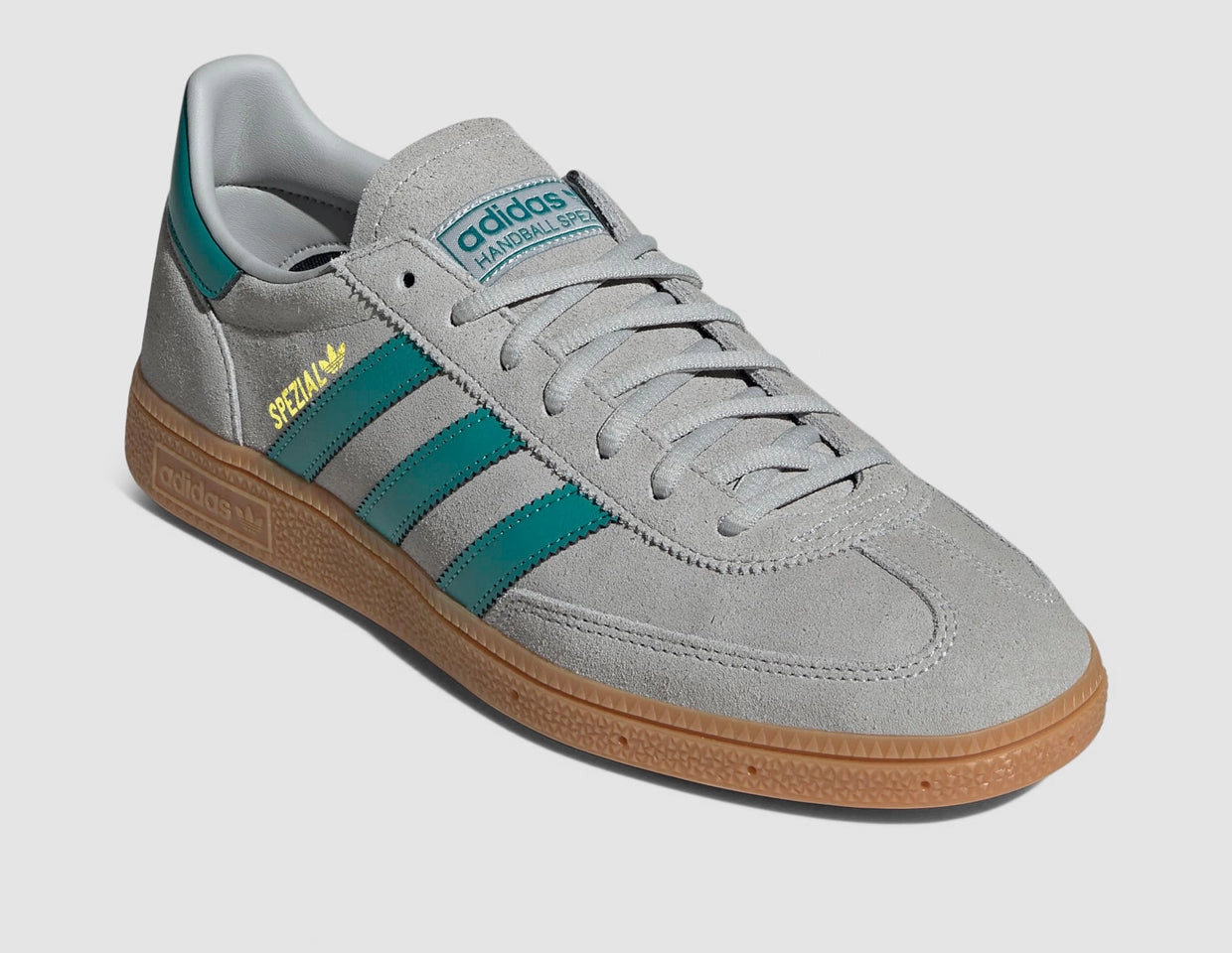adidas Originals Handball Spezial Grey / Pure Tea - Gold Cushioned Heel Support running in the rain