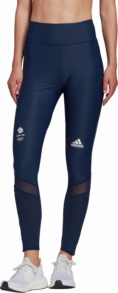adidas Team GB Womens 7/8 Running Tights - Blue Grid Pattern Performance Fit
