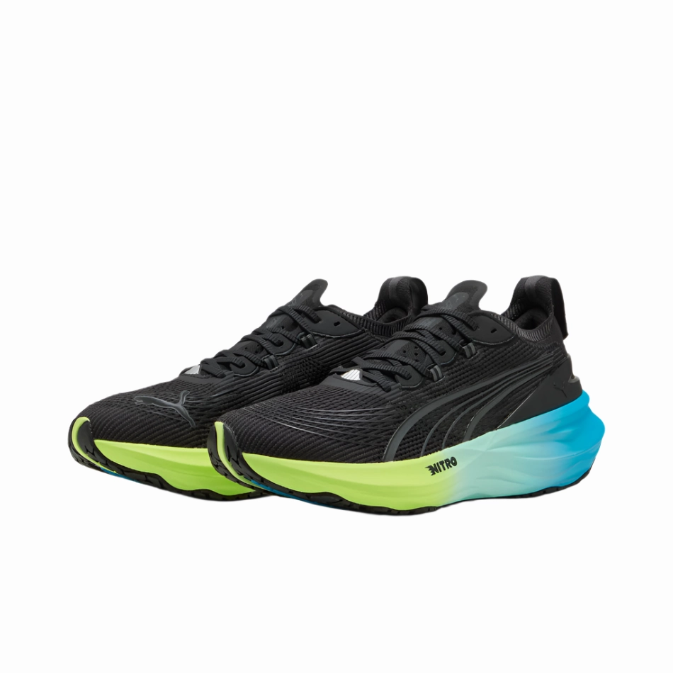 running in a nature reserve PUMA Men's Foreverrun NITRO 2 Running Shoes in PUMA Black/Fizzy Light/Speed Blue AW25