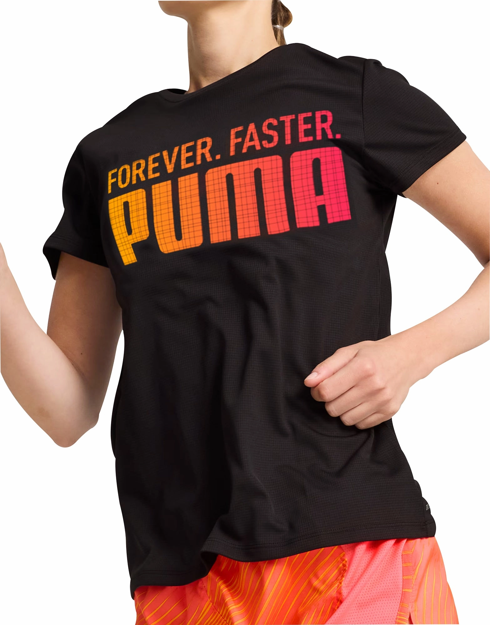 Light Style Trend Embroidered Puma Run Favourite Graphic Short Sleeve Womens Running Top - Black