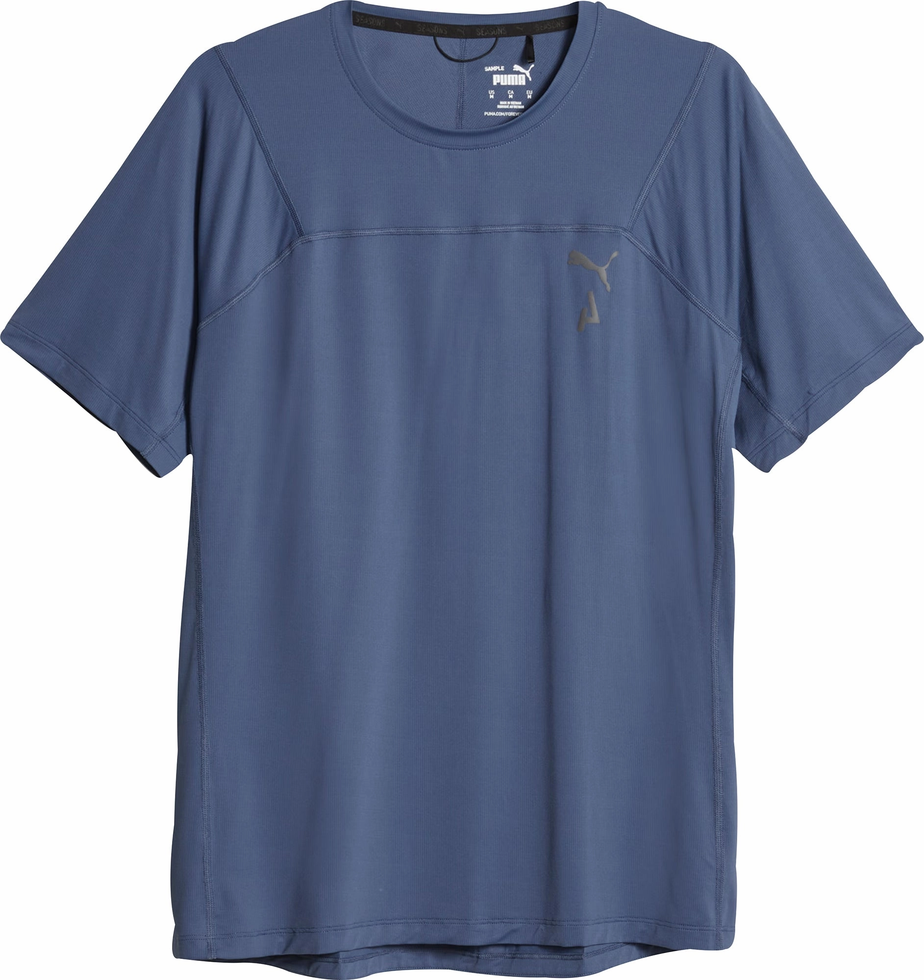 Puma Seasons coolCELL Short Sleeve Mens Running Top - Blue Stretchable Collar Band