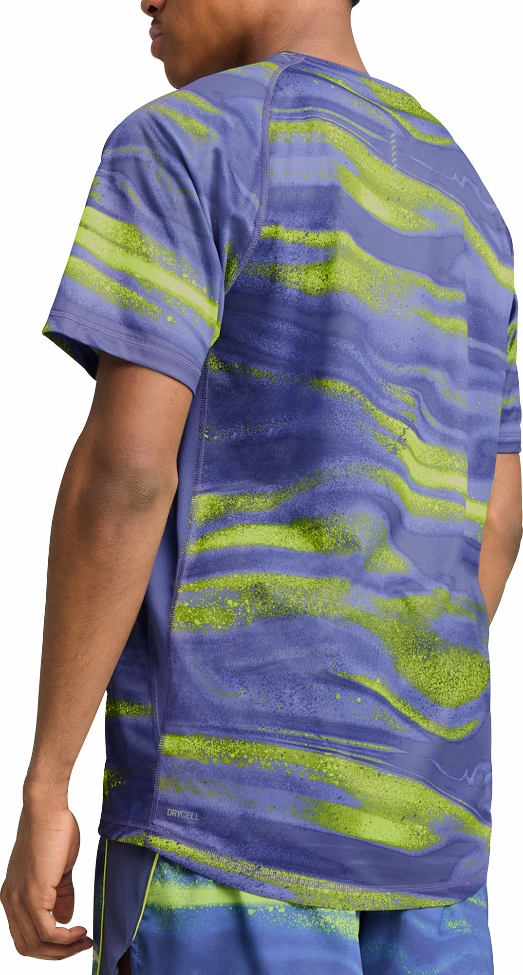 Puma Velocity All Over Print Short Sleeve Mens Running Top - Blue Distressed Hem Finish