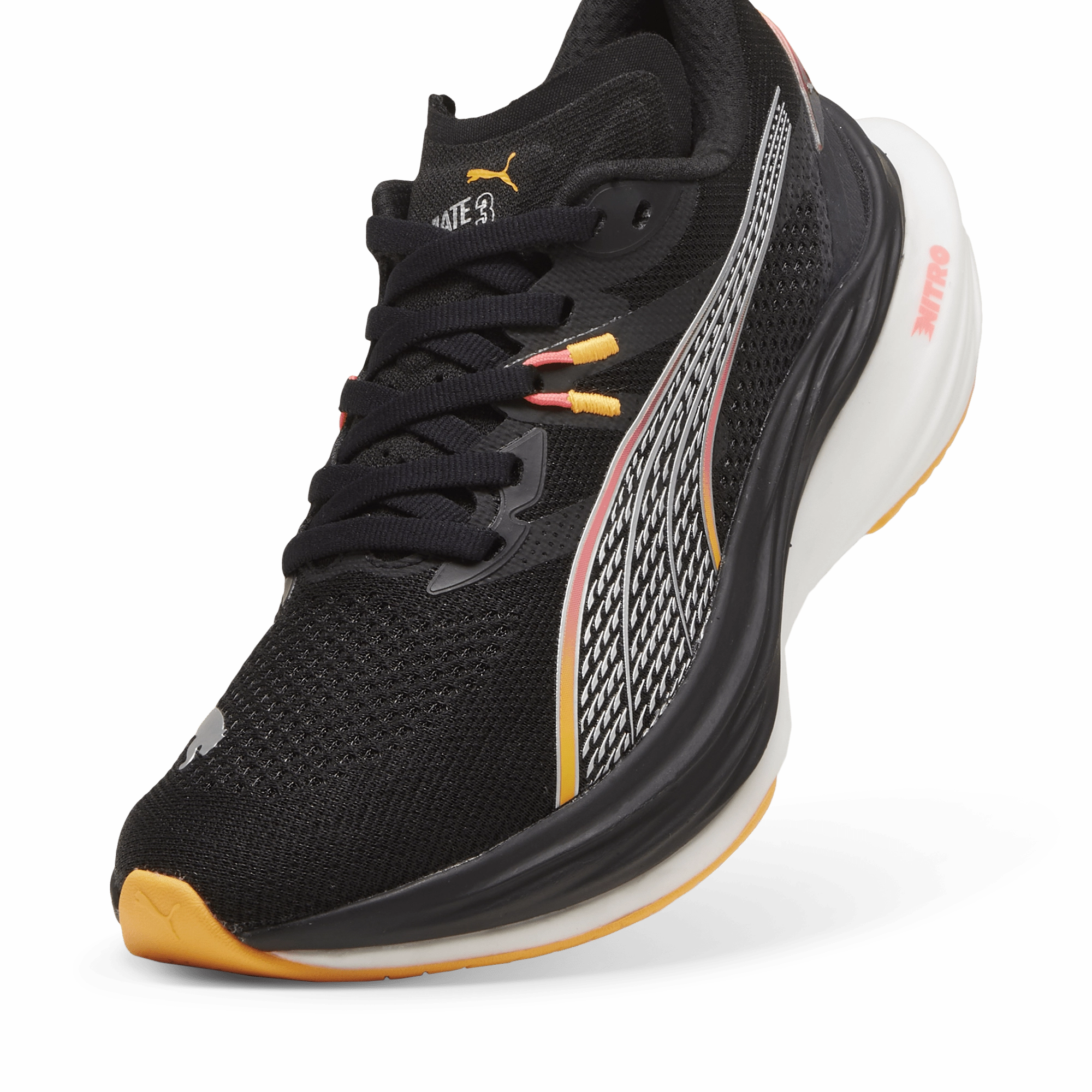 Puma Women's Deviate Nitro 3 Running Shoes in Black/Sunset Glow/Sun Stream AW24 Neutral Platform orthopedic running shoes