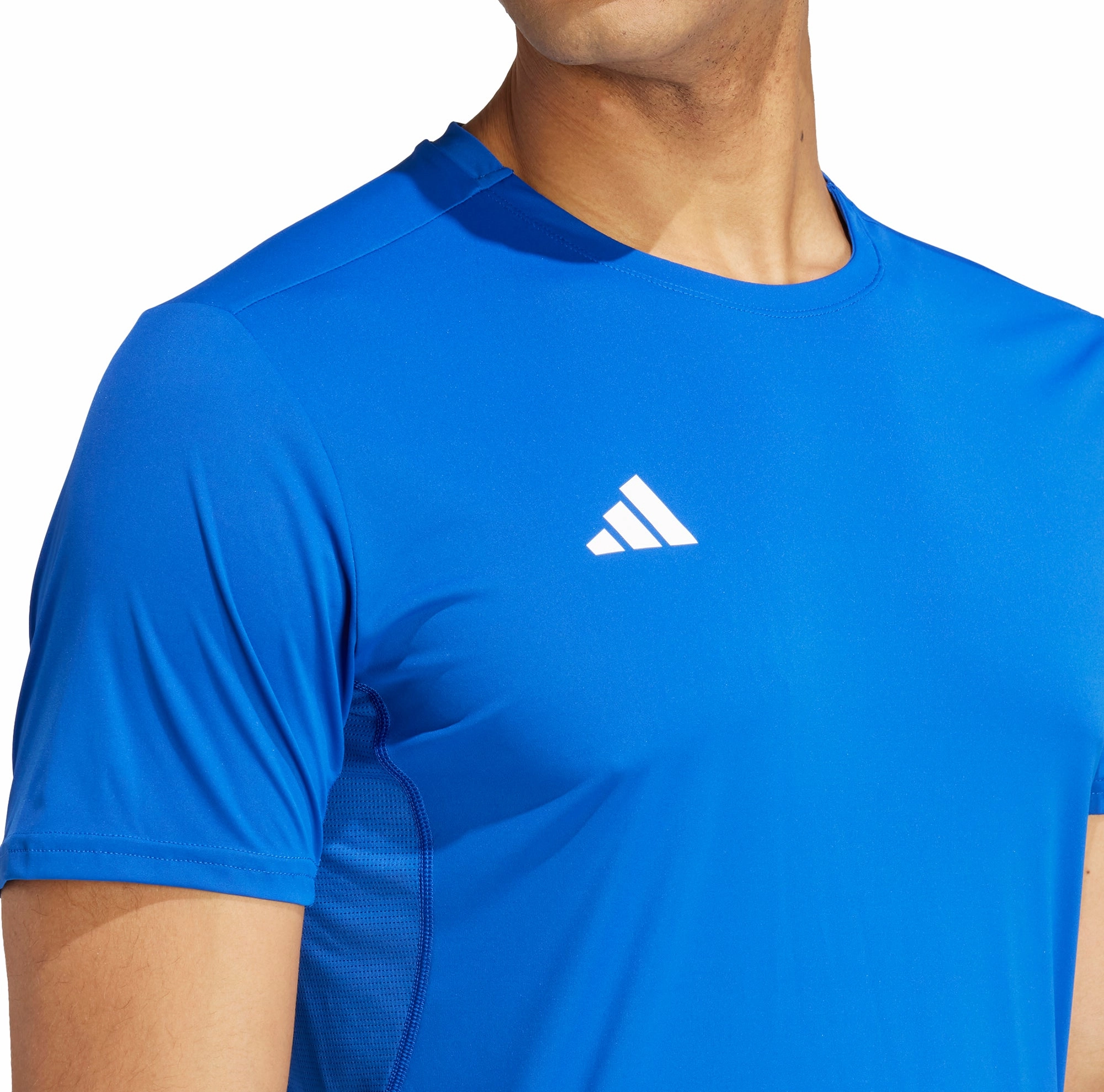 adidas Adizero Essentials Short Sleeve Mens Running Top - Blue Yarn Dyed Fabric V neck style