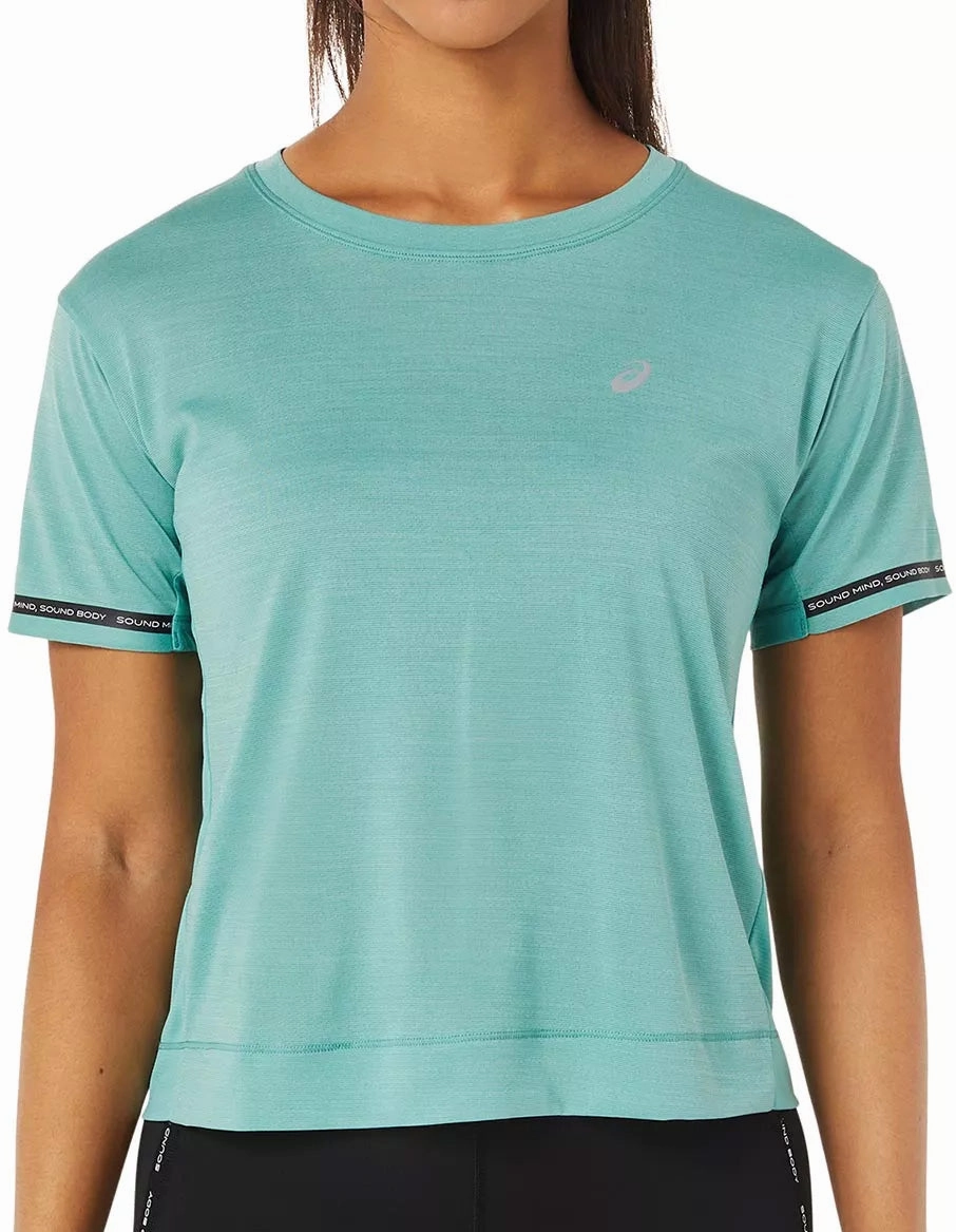 Sporty and Stylish Simple Yet Elegant Asics Race Cropped Short Sleeve Womens Running Top - Green