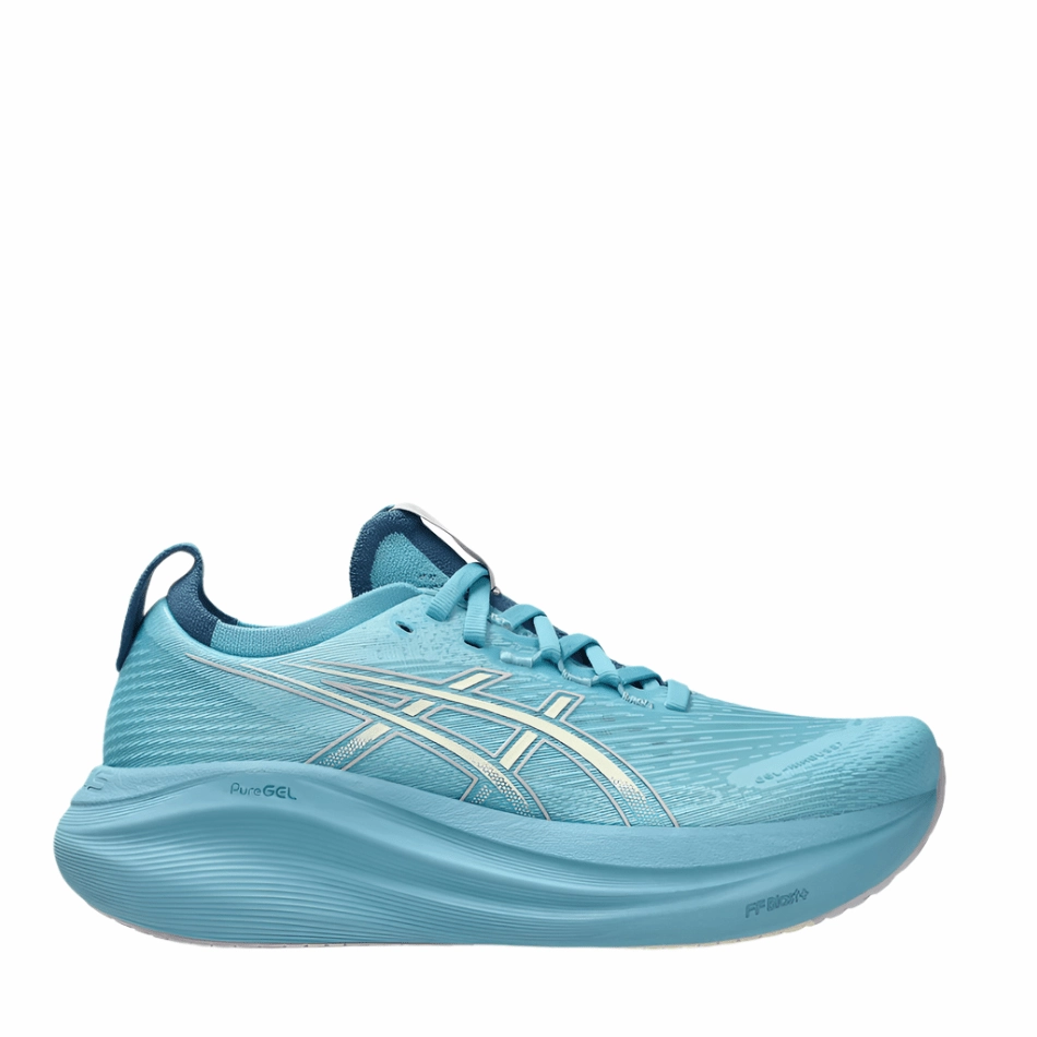 ASICS Women's GEL-NIMBUS 27 Running Shoes in Still Water/Cream AW25 balance balls narrow shoes