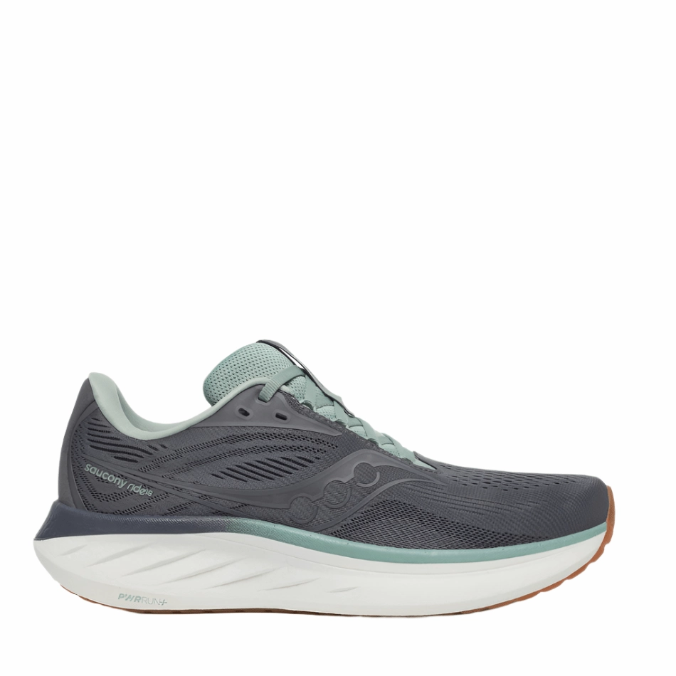 Heel Counter Support Saucony Men's Ride 18 Running Shoes in Carbon/Iceberg AW25